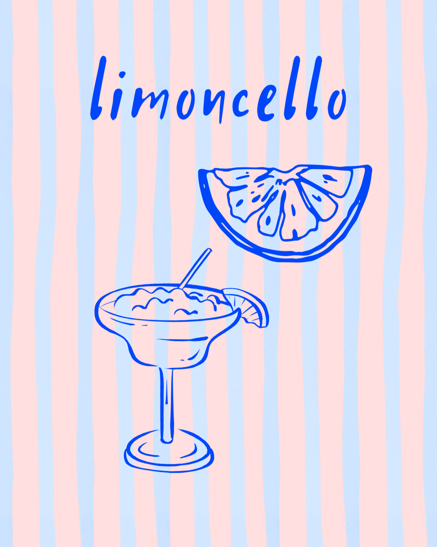 Limoncello-themed design with a glass, slice of lemon, and 'limoncello' text on a striped background.