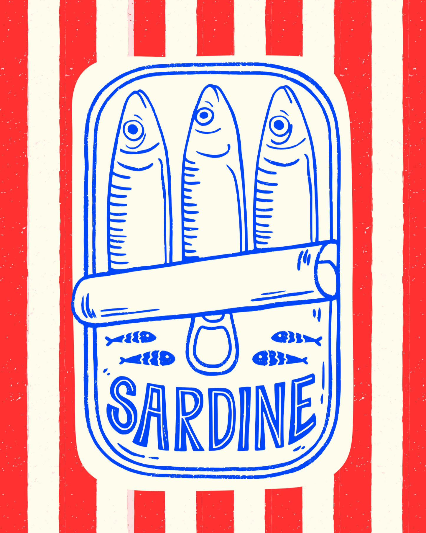 Sardine can illustration with blue outline on a red and white striped background