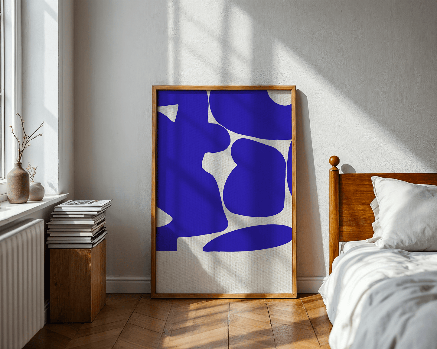 Cobalt blue abstract framed canvas print on display in a styled room — Art Spectrum