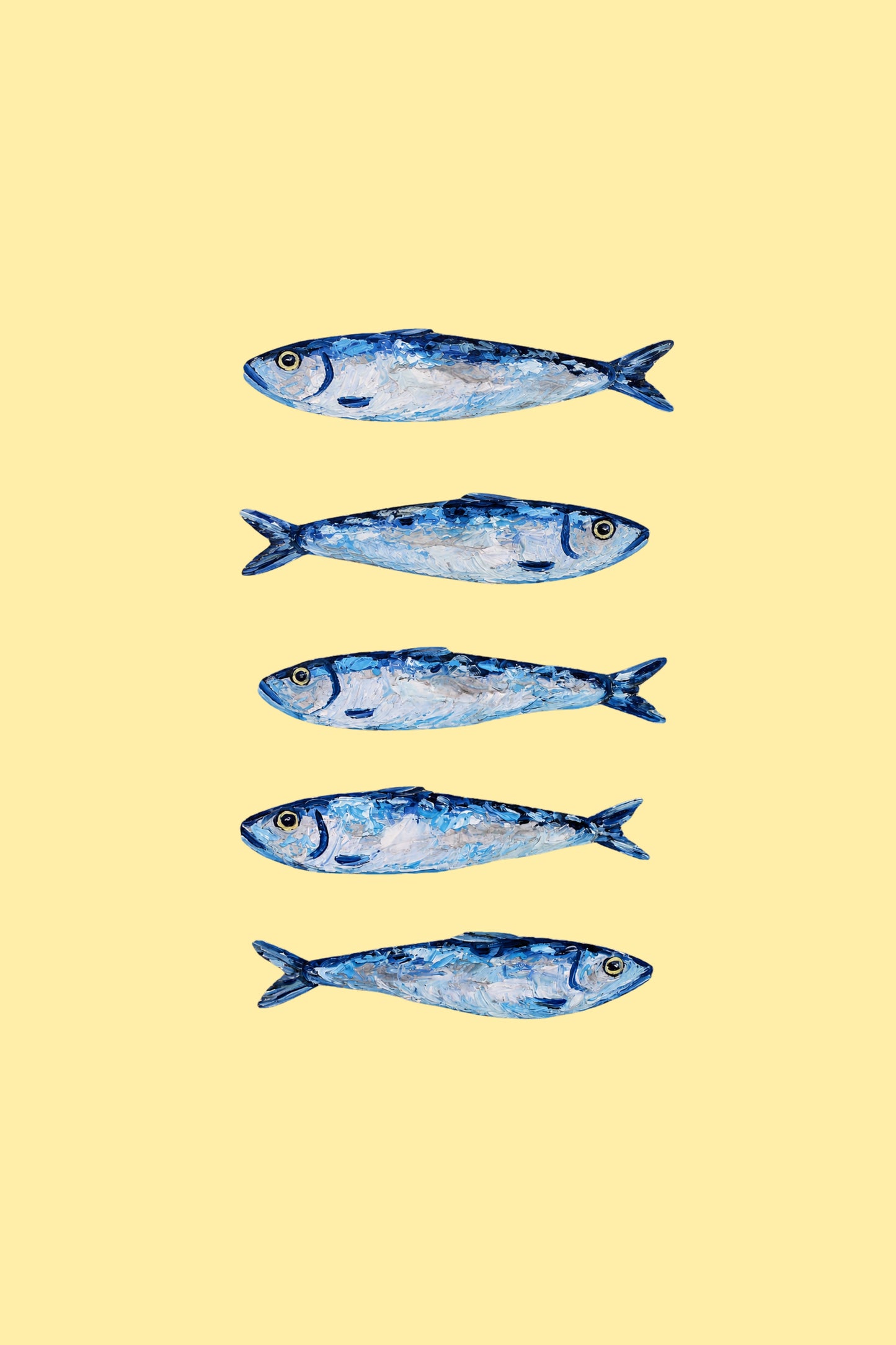 Pez — five painterly sardines on a yellow ground
