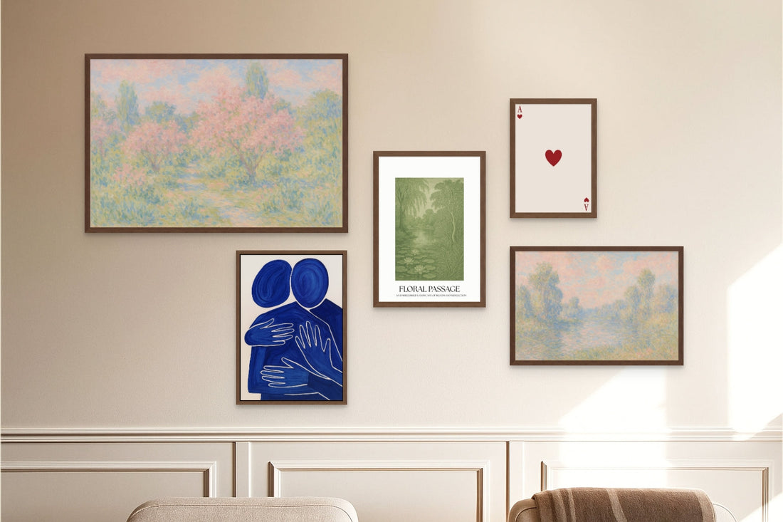Gallery wall of sage and blue framed prints in a small space — Art Spectrum