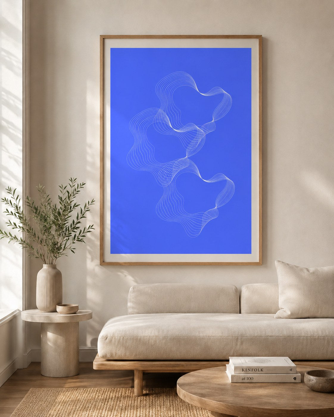 Blue Wave geometric abstract framed art print styled in a modern interior — Art Spectrum