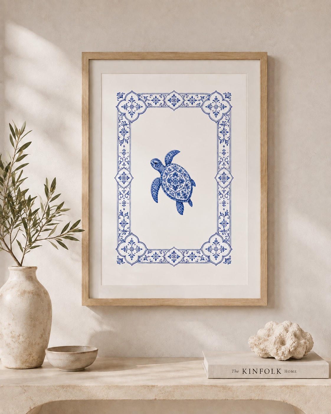 Caretta framed print styled in a room — Mediterra collection