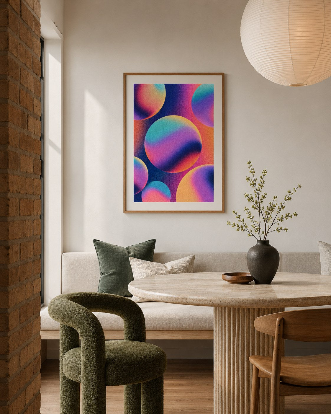 Cluster geometric abstract framed art print styled in a modern interior — Art Spectrum
