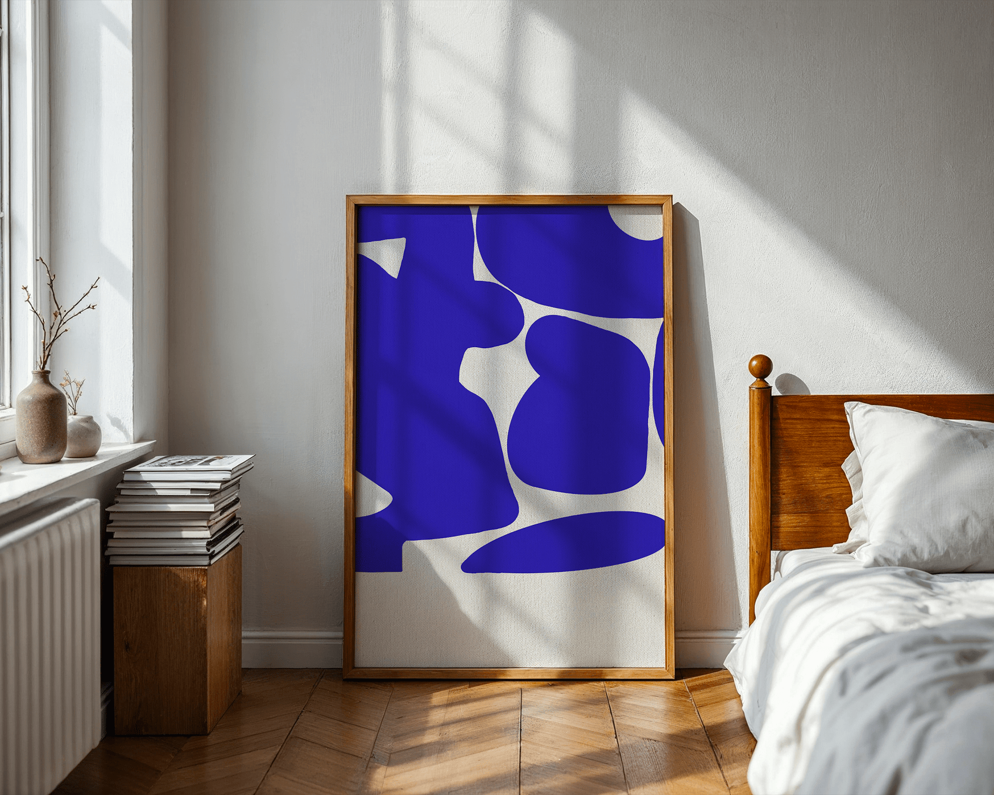 Cobalt blue abstract framed canvas print on display in a styled room — Art Spectrum