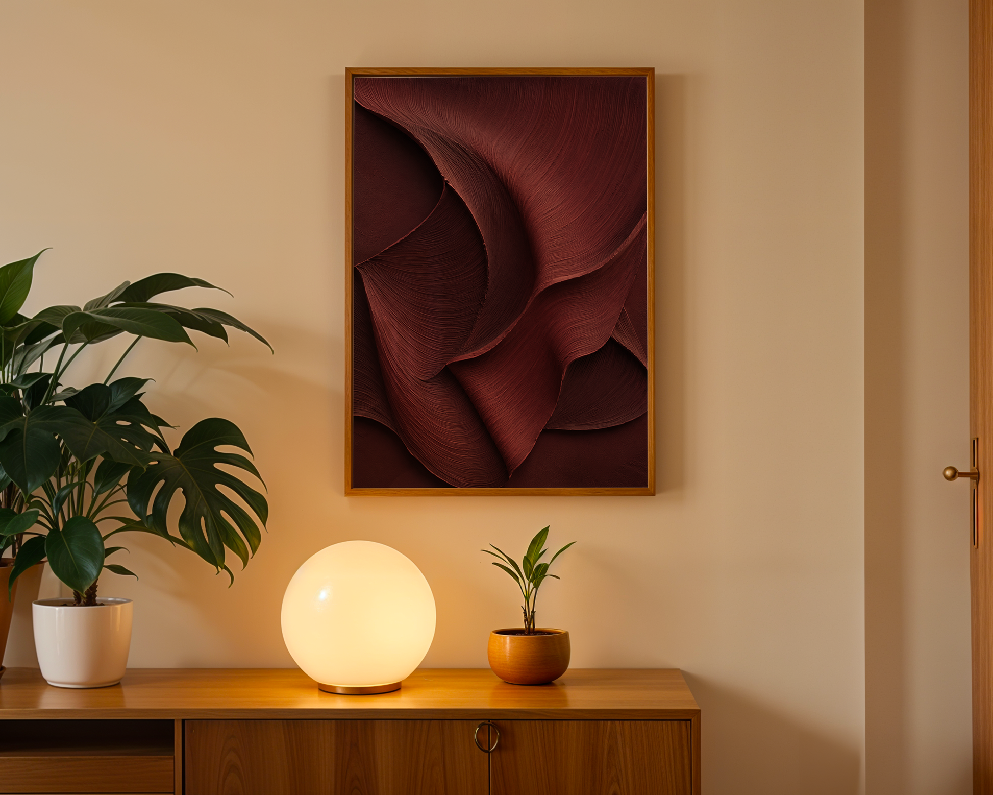 Crimson Reverie texture art framed canvas print styled in a modern interior — Art Spectrum