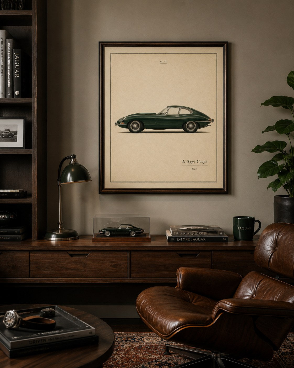 E Type vintage framed print styled in a modern interior — Art Spectrum