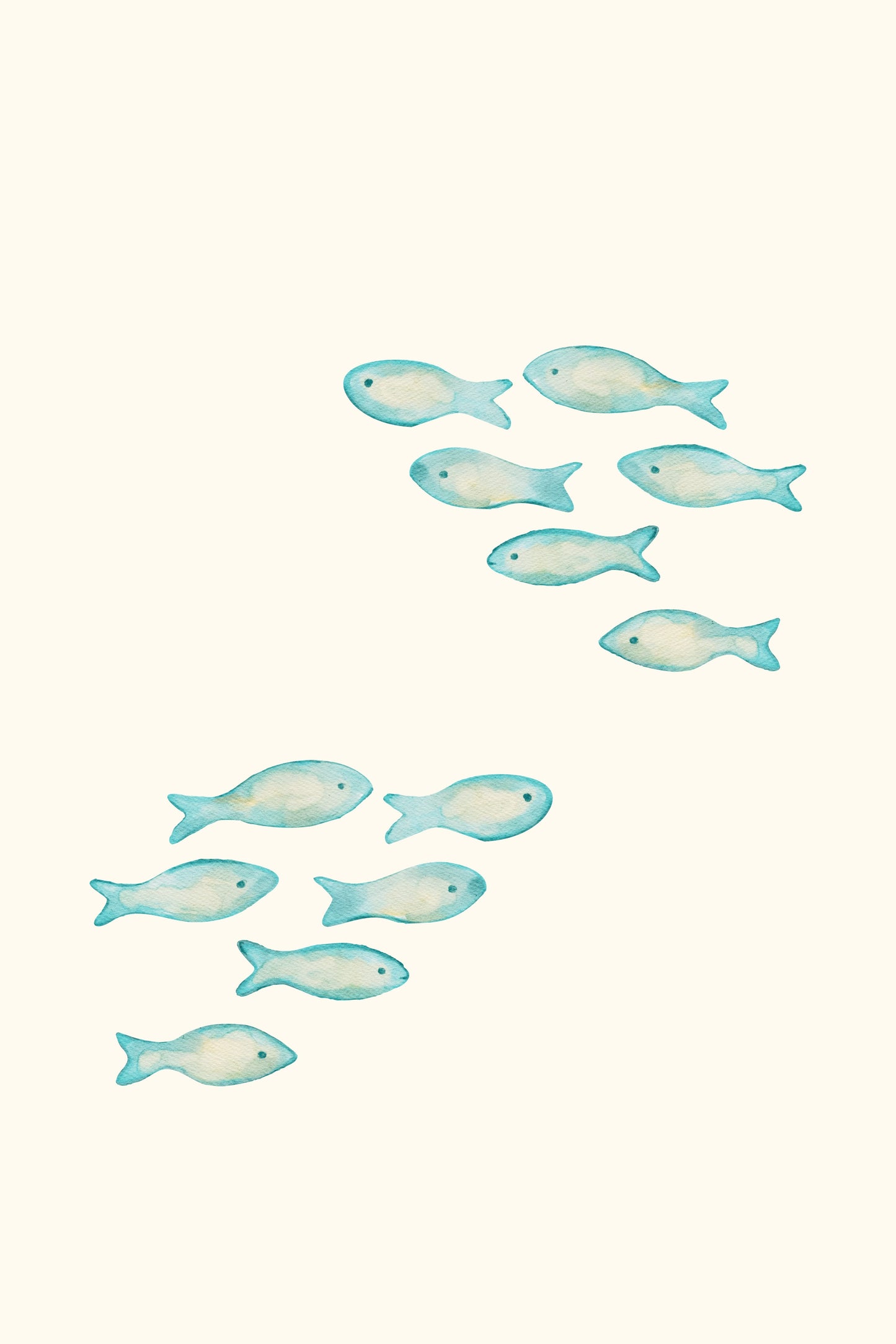 Fish Run — a loose watercolour shoal of blue and teal fish