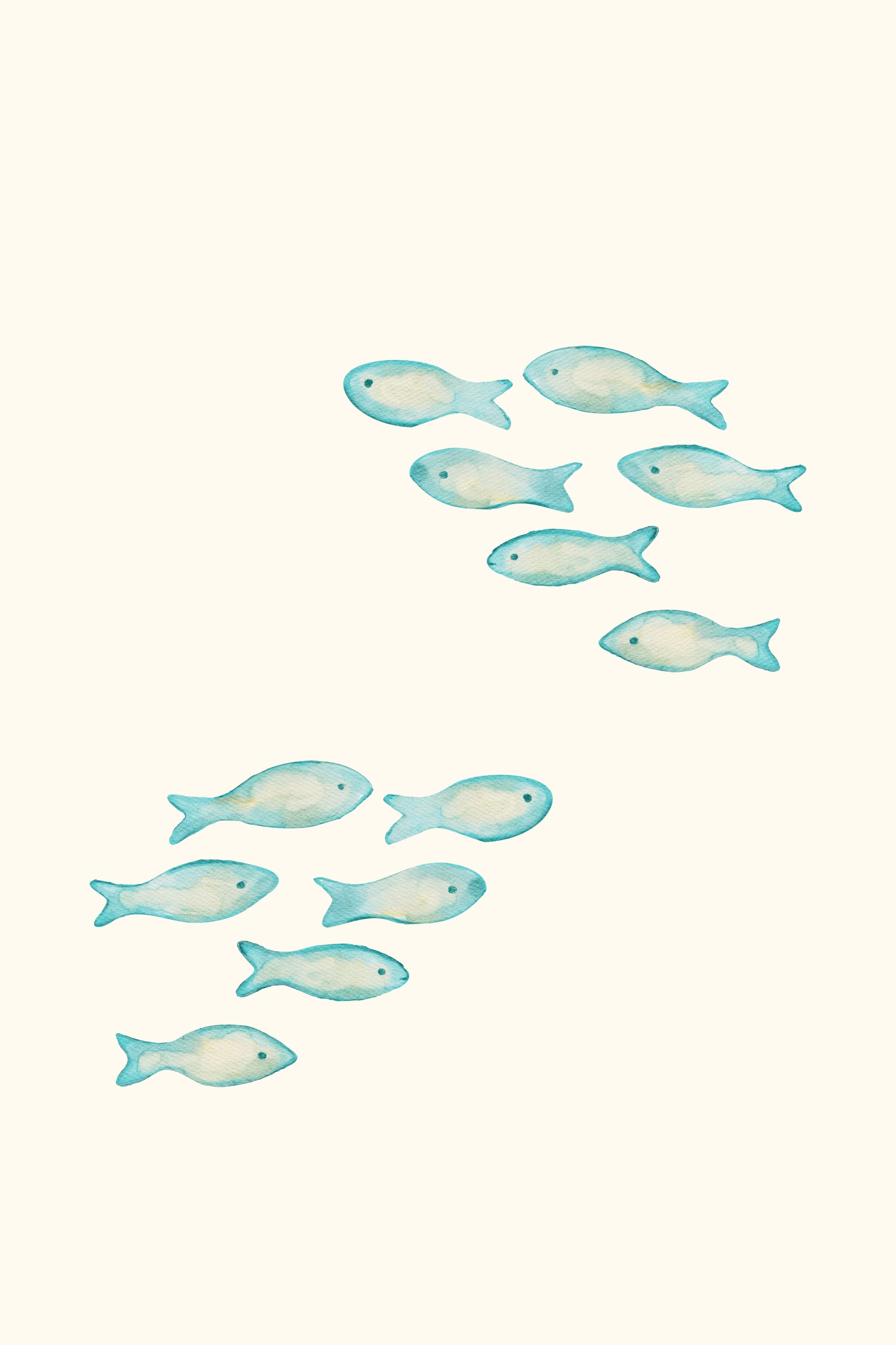 Fish Run — a loose watercolour shoal of blue and teal fish
