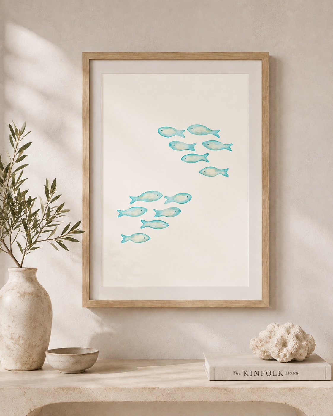 Fish Run framed print styled in a room — Mediterra collection