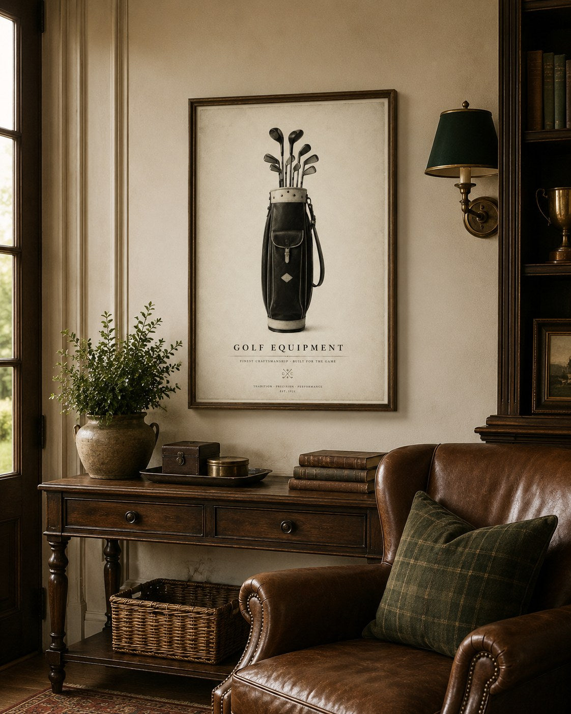 Golf Equipment vintage framed print styled in a modern interior — Art Spectrum