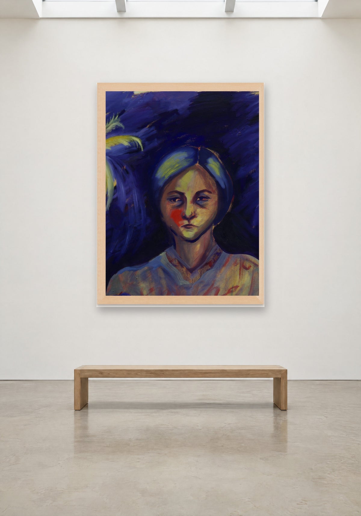 Woman in Indigo by Havva Malyalizade, framed print on a gallery wall