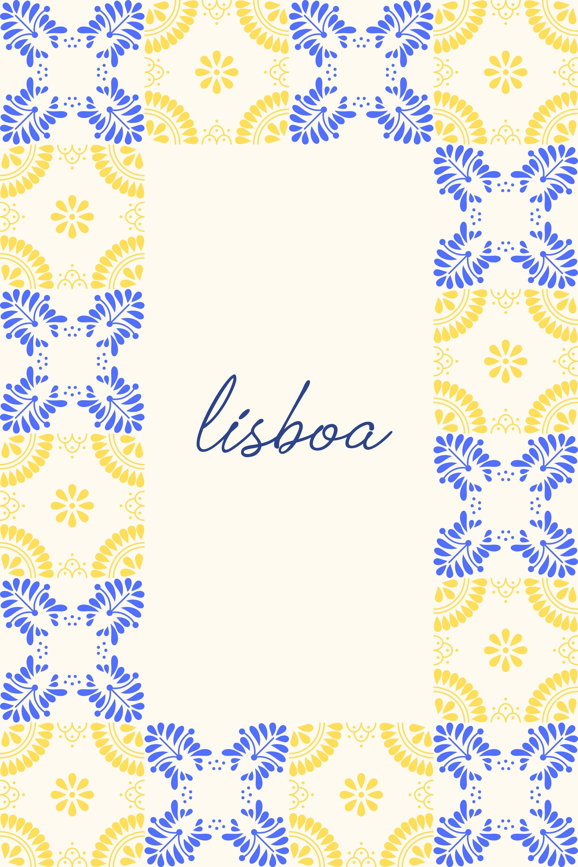 Lisboa — a blue and yellow azulejo tile border with a script wordmark