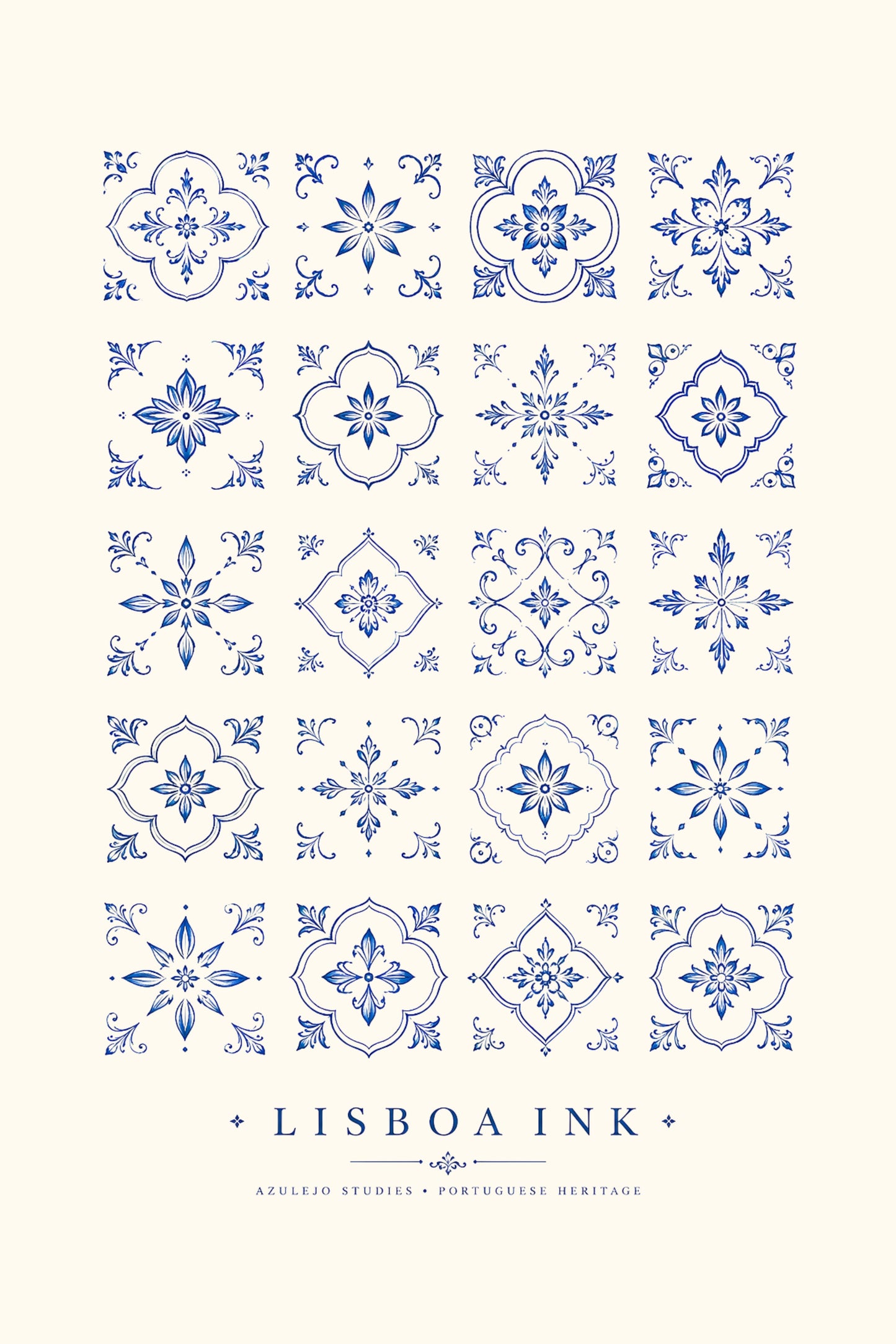 Lisboa Ink — a 20-tile grid of hand-drawn azulejo patterns