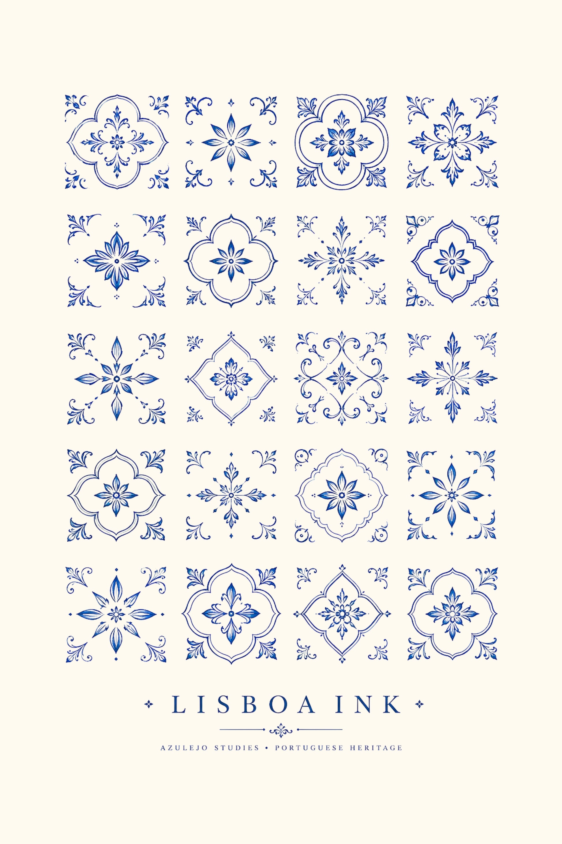Lisboa Ink — a 20-tile grid of hand-drawn azulejo patterns