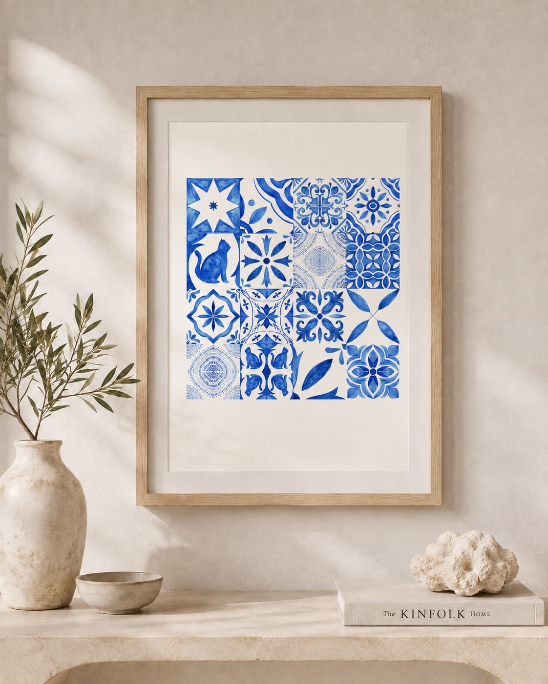 Mediterra Tiles framed print styled in a room — Mediterra collection