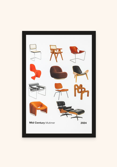 Mid Century Chairs framed print in a black frame — Art Spectrum