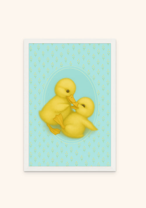 Playful Ducks framed print in a white frame — Art Spectrum