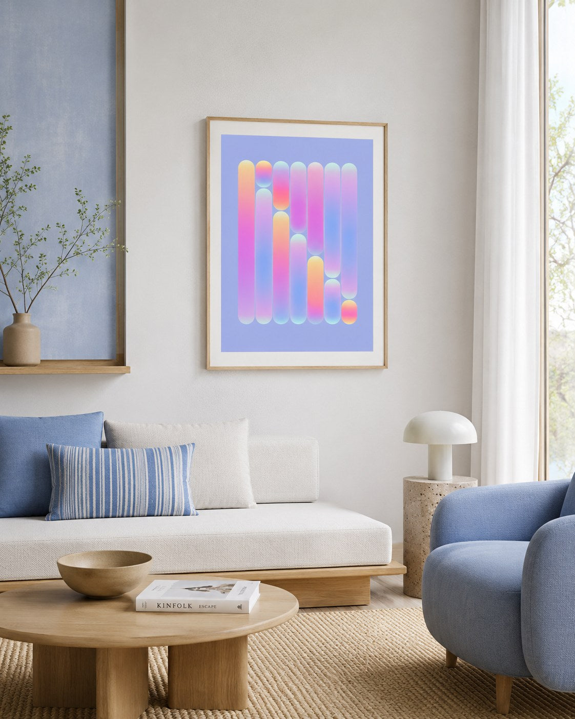 Pop geometric abstract framed art print styled in a modern interior — Art Spectrum