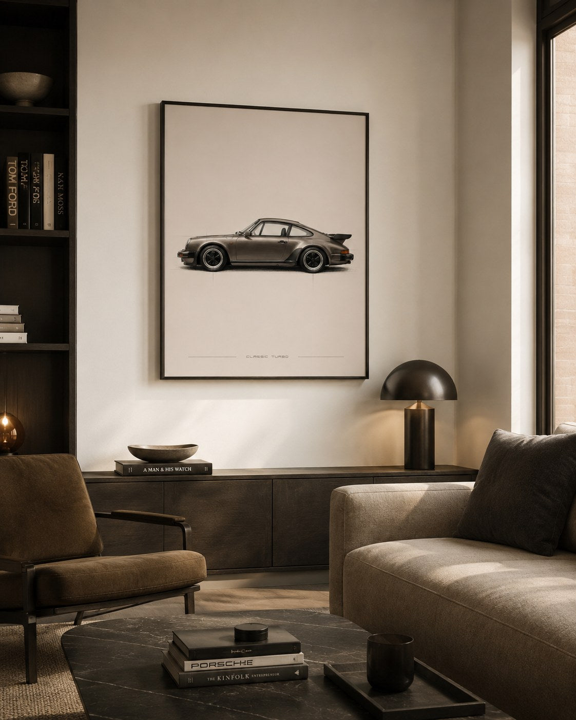 Porsche vintage framed print styled in a modern interior — Art Spectrum