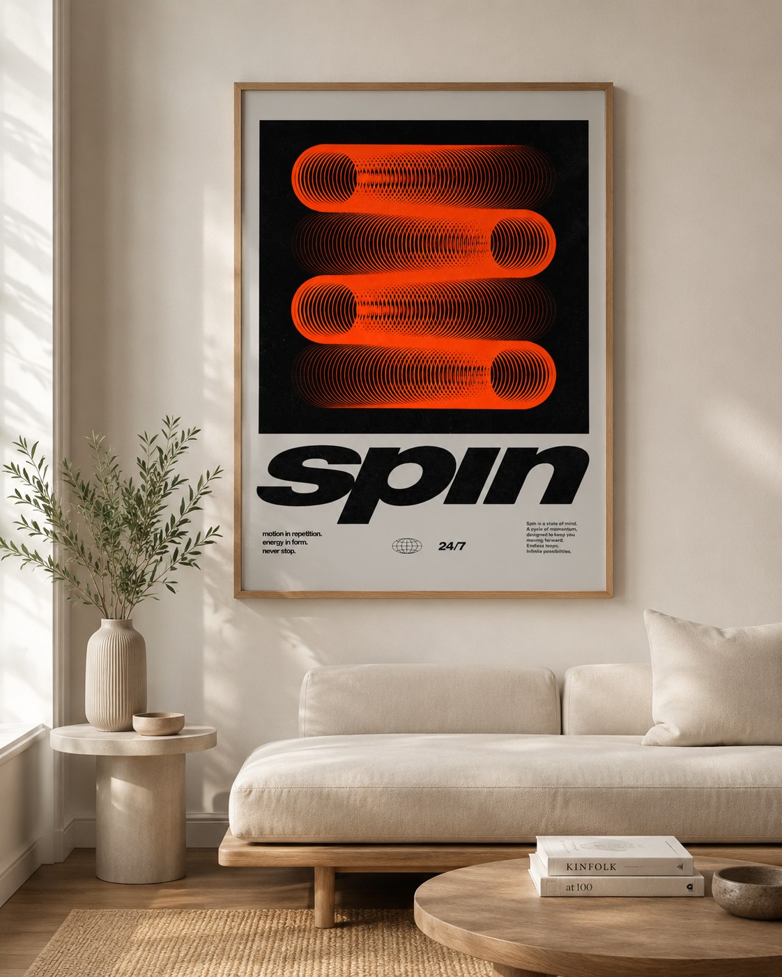 Spin geometric abstract framed art print styled in a modern interior — Art Spectrum
