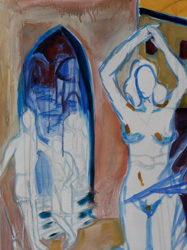 Figures at the Door, a print by Havva Malyalizade